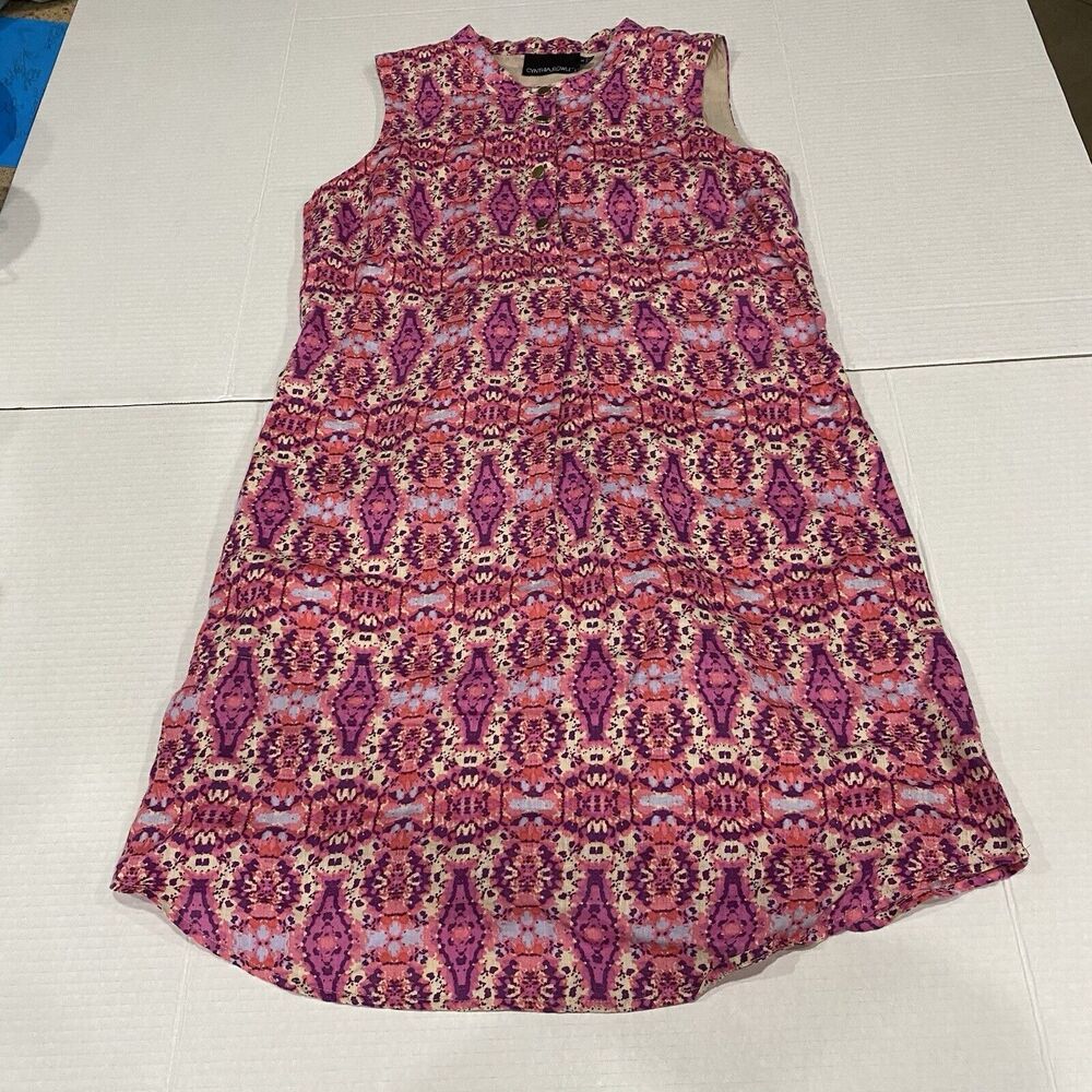 Cynthia Rowley Popover Dress 100% Linen Pink Geometric Sleeveless Sz 6